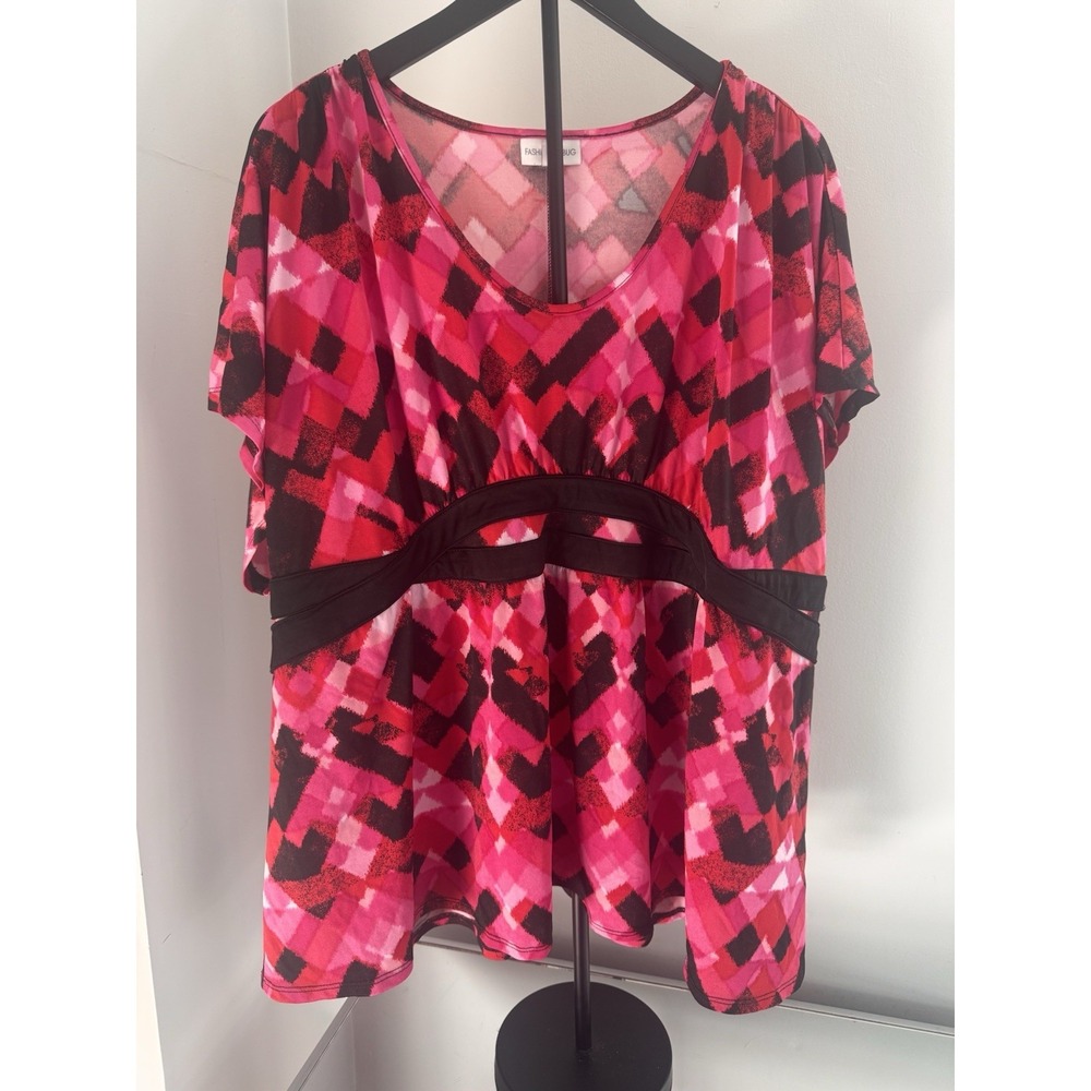 Fashion Bug Blouse 4X Pink Black Abstract Empire Waist Stretch Top Plus
